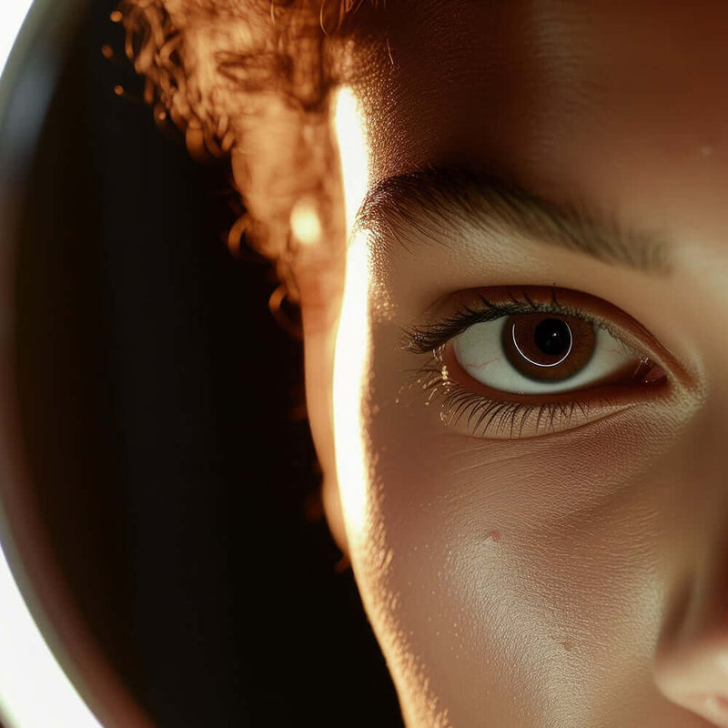 Nahaufnahme eines menschlichen Auges mit weich beleuchteter Haut und lockigem Haar, faszinierender Blick.