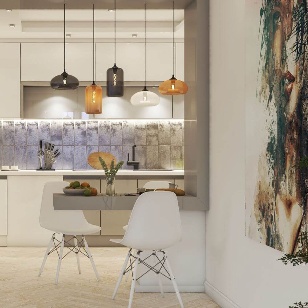 Nowoczesna s.luce lampa wisząca Cruet w stylowej kuchni z minimalistycznymi meblami.
