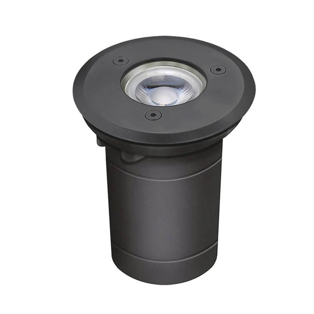 Runder Level Bodeneinbaustrahler Anthrazit mit Edelstahlblende und gehärtetem Glas für außen.