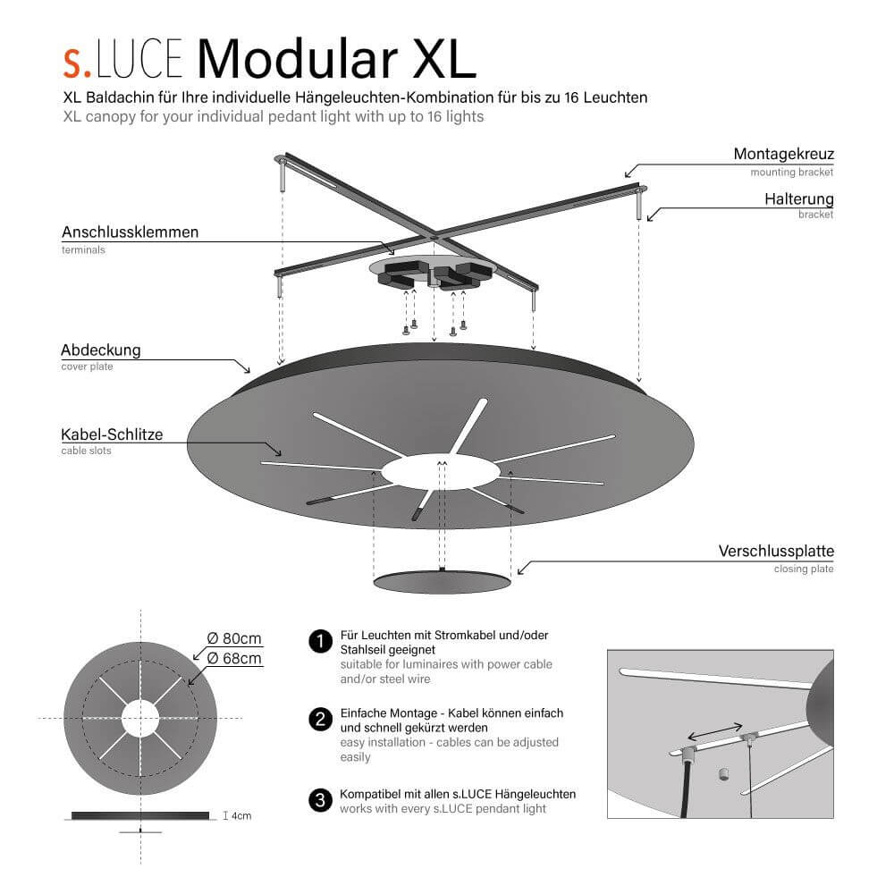 s.luce Modular XL Baldachin mit Montageanleitung für bis zu 16 Hängeleuchten, Design- und Montageinformationen.