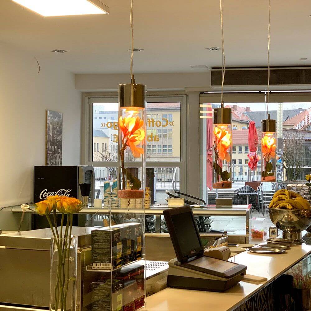 s.luce MyLight Hängeleuchte mit Schauzylinder 40cm in einem modernen Café mit dekorativen Blumen.