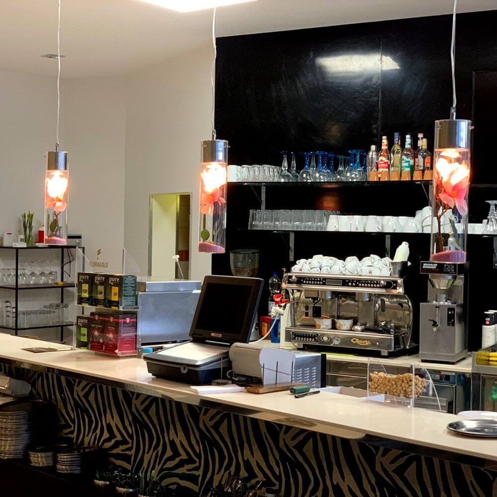 s.luce MyLight Hängeleuchte mit Schauzylinder 40cm über der Bar mit dekorativen Objekten.