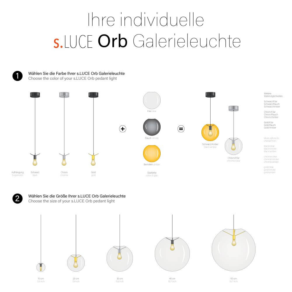s.luce Orb Glaskugel Galerieleuchte 5m Abhängung Auswahl der Farben und Größen der s.luce Orb Galerieleuchten.
