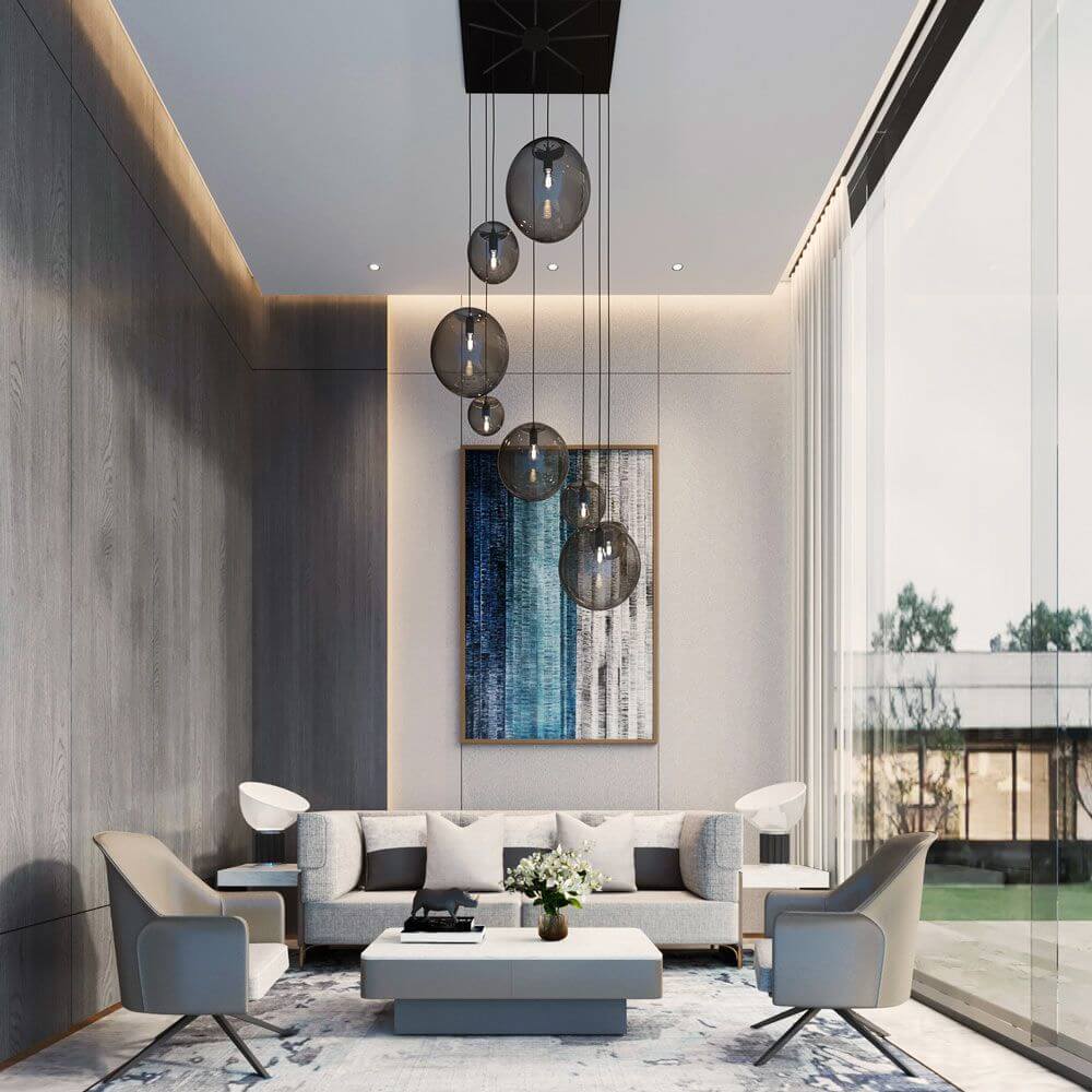 Moderner Wohnraum mit s.luce Orb XL Galerieleuchte und eleganten Möbeln in neutralen Farbtönen.