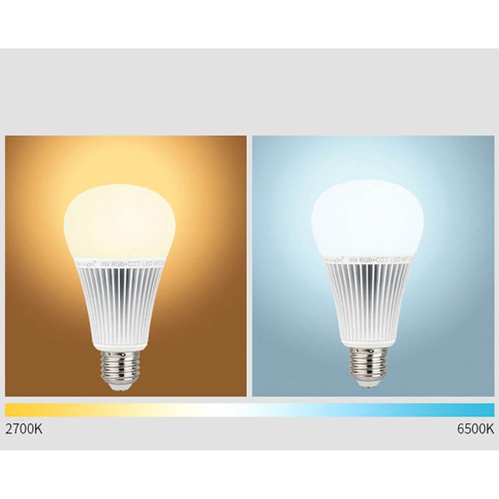 E27 LED Leuchtmittel mit warmweißem (2700K) und kaltweißem Licht (6500K) für individuelle Lichtsteuerung.