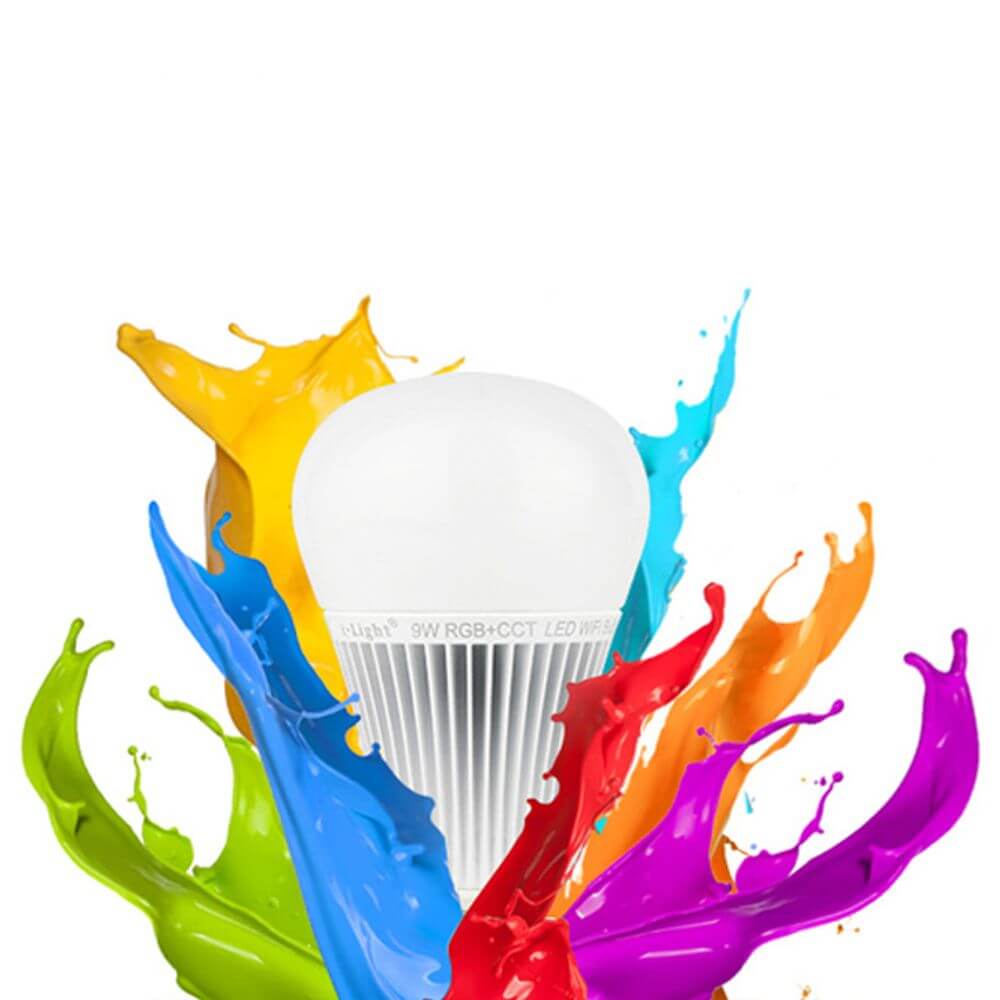 E27 LED RGBW Leuchtmittel mit bunten Farbklecksen zur individuellen Lichtsteuerung