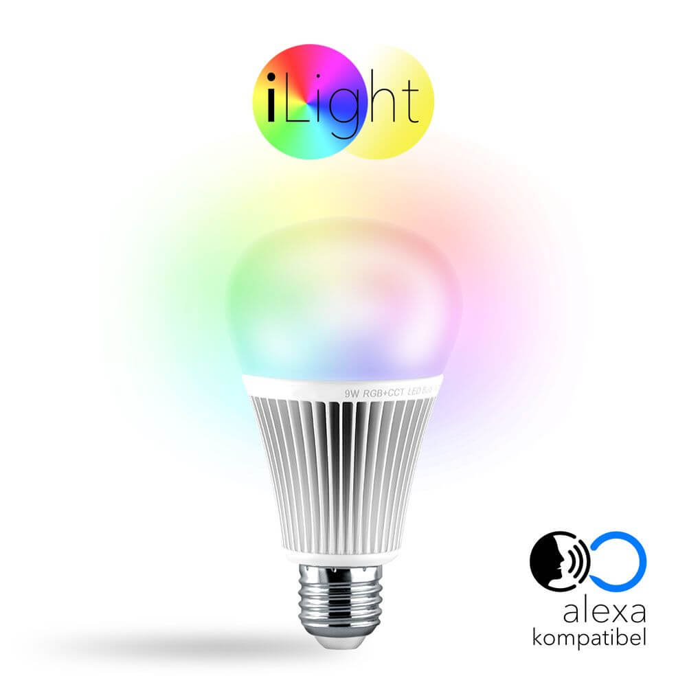 iLight E27 LED Glühbirne, RGBW, 9W, 850lm, kompatibel mit Alexa, farbige Lichtsteuerung