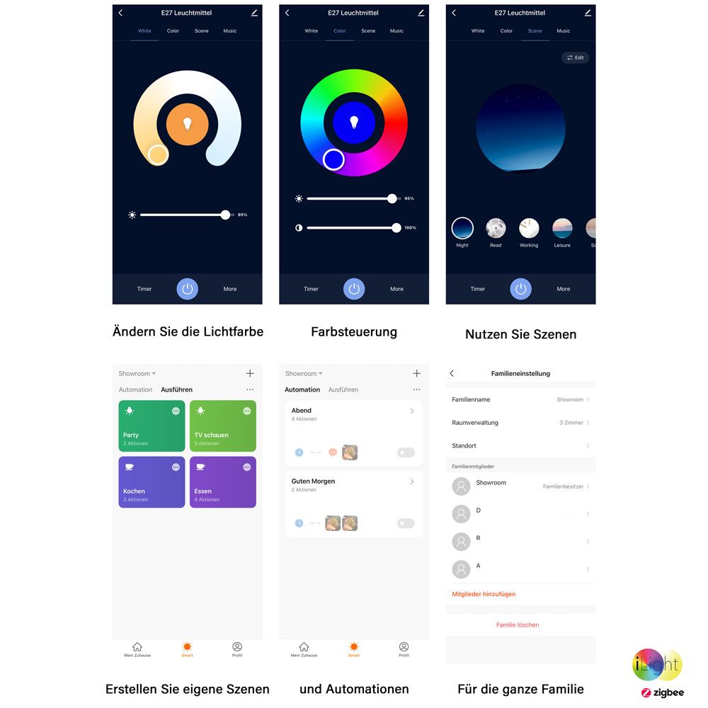 Screenshots der iLight App zur Steuerung von ZigBee Beleuchtung, einschließlich Farbwechsel und Szenenmanagement.