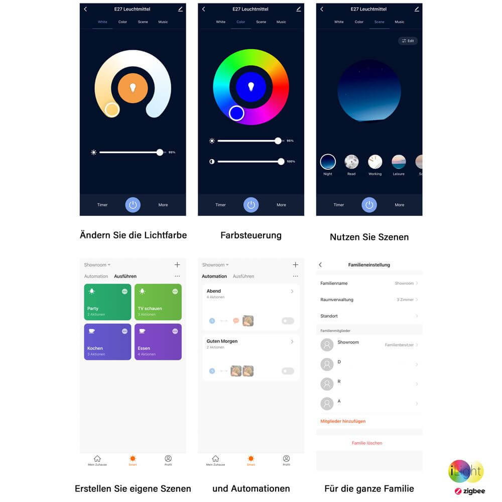 Screenshots der iLight App zur Steuerung von ZigBee Beleuchtung, einschließlich Farbwechsel und Szenenmanagement.
