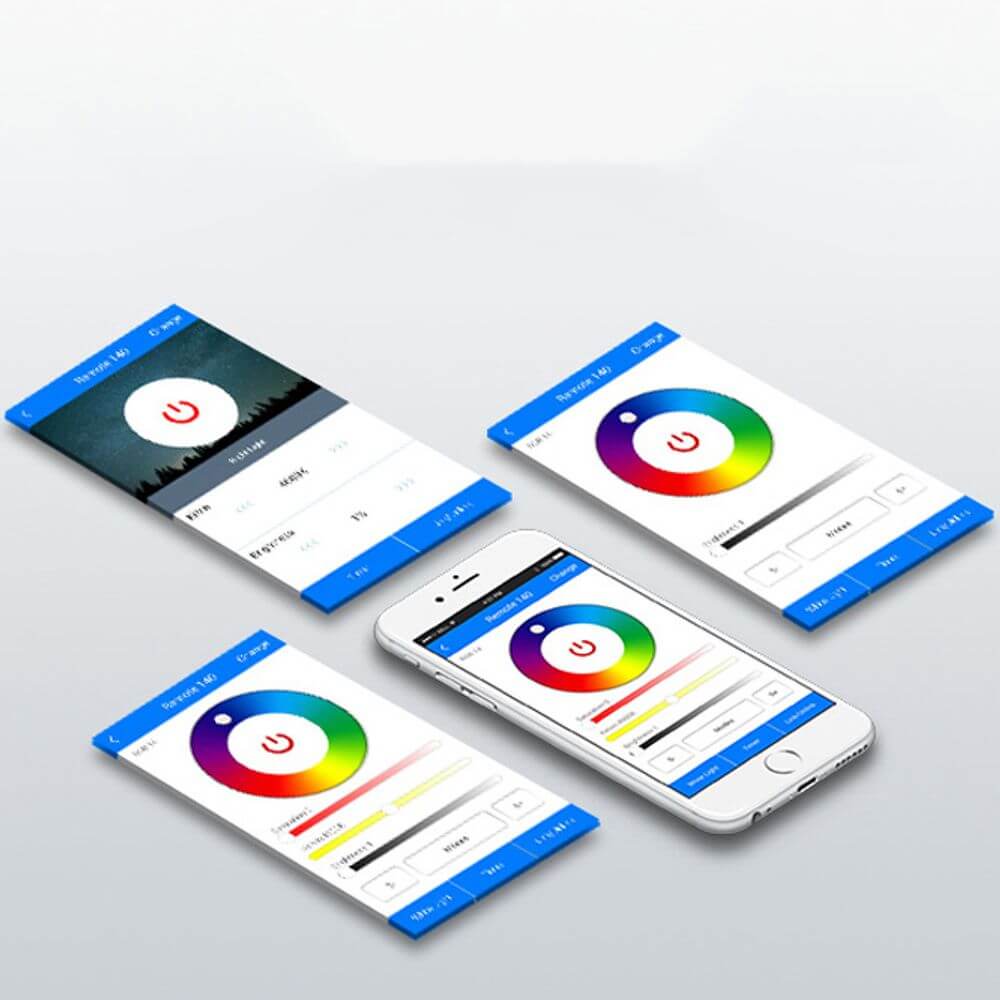 iLight App-Bildschirm: Lichtsteuerung per Smartphone mit Farbwahl und Helligkeitseinstellung.