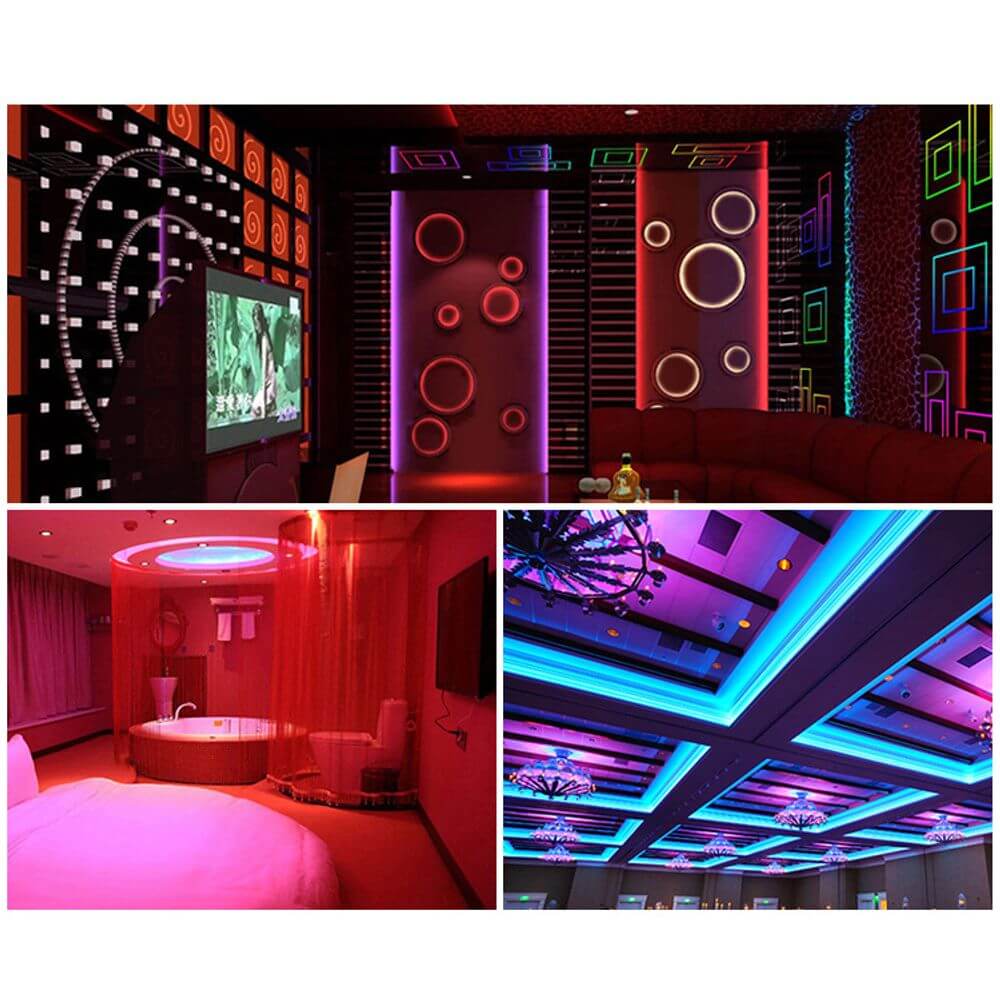 Beispiel für moderne RGBW Beleuchtung in einem stilvollen Raum mit verschiedenen Lichtfarben und Stimmungen.