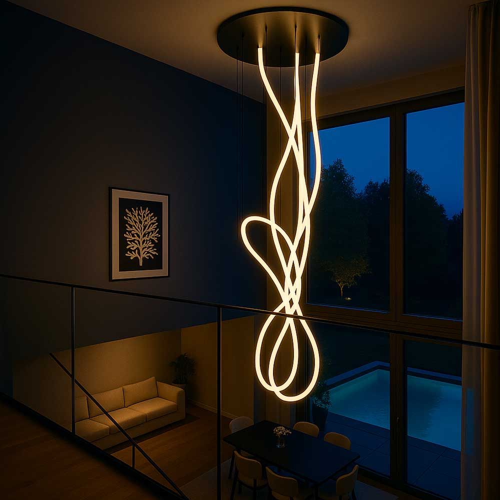 s.luce Arion organische Flex LED Hängelampe Warmweiß in modernem Wohnraum bei Nacht.