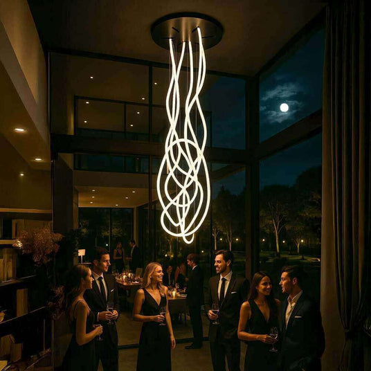 s.luce Arion organische LED Galerieleuchte XXL Schlauch Warmweiß in eleganter Umgebung bei Nacht.