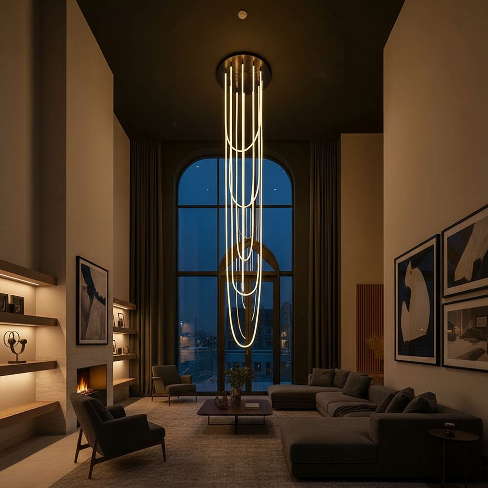 s.luce Arion organische LED Galerieleuchte XXL Schlauch Warmweiß in modernem Wohnzimmer bei Abendlicht.