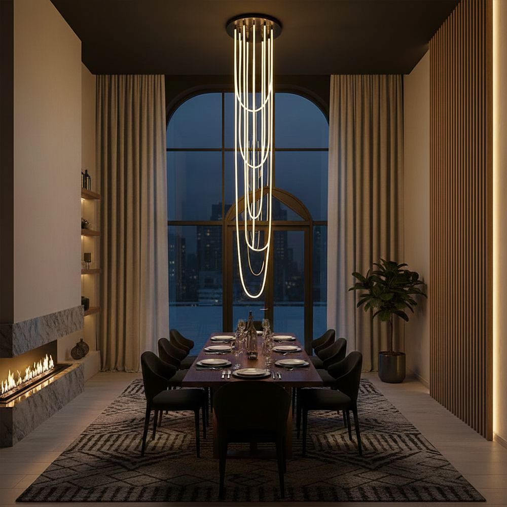 s.luce Arion organische LED Galerieleuchte XXL Schlauch Warmweiß hängt über einem eleganten Esstisch in modernem Ambiente.