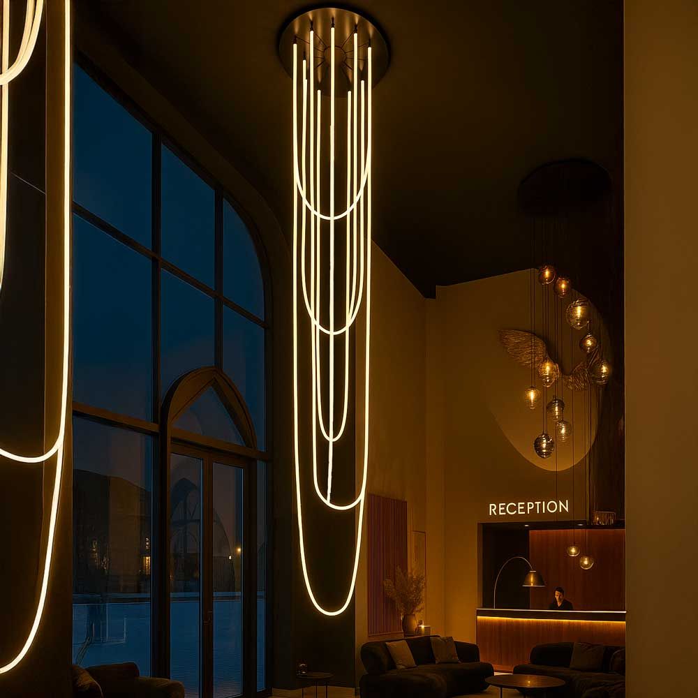 s.luce Arion organische LED Galerieleuchte XXL Schlauch Warmweiß in stilvollem Empfangsbereich bei Nacht.