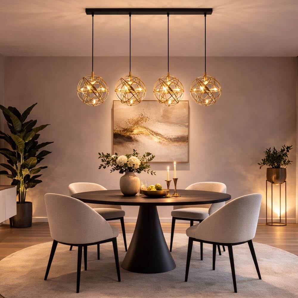 s.luce Atom LED Esstisch-Pendelleuchte 2 bis 5-flammig Balken 120cm über rundem Esstisch mit goldenen Kugel-Pendeln und warmem Ambiente