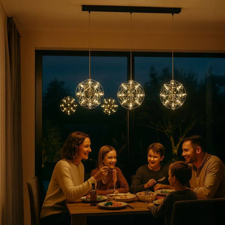 s.luce Atom LED Esstisch-Pendelleuchte 2 bis 5-flammig Balken 120cm über einem Esstisch mit Familie