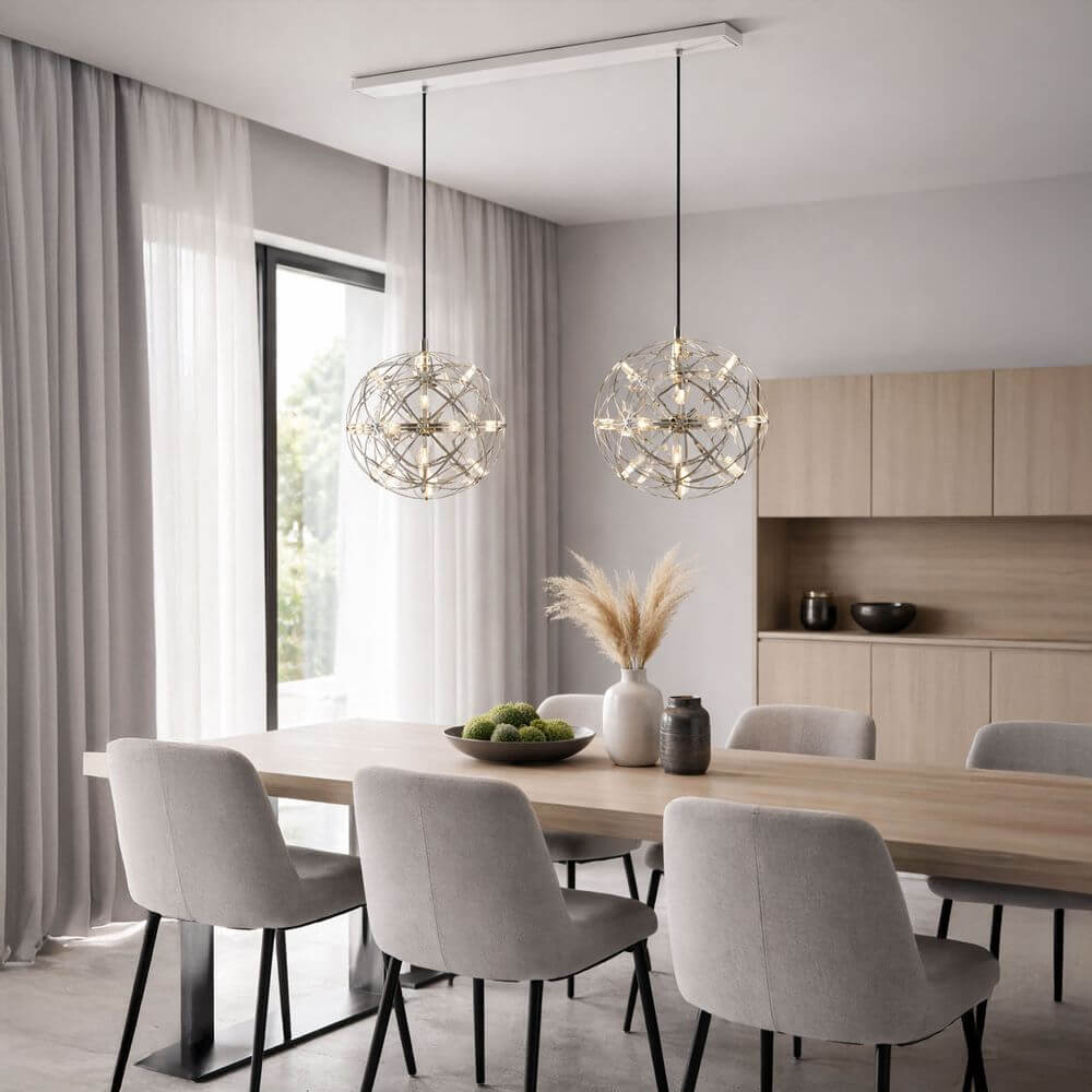 s.luce Atom LED Esstisch-Pendelleuchte 2 bis 5-flammig Balken 120cm über modernem Esszimmertisch mit zwei Kugel-Pendelleuchten