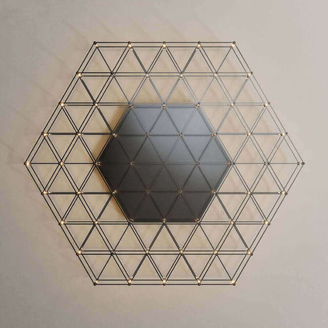 Modern hexagonal wall art featuring a geometric wire design with lights for an elegant touch.