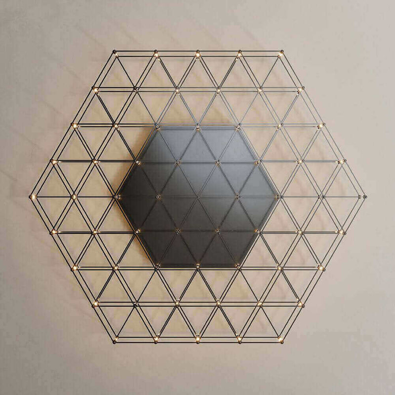Modern hexagonal wall art featuring a geometric wire design with lights for an elegant touch.