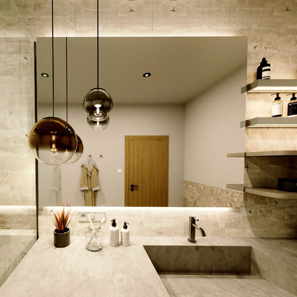 s.luce Aura 5m LED-Strip 14w/m 1400lm/m CRI 95 in modern Badezimmerbeleuchtung mit eleganten Leuchten.