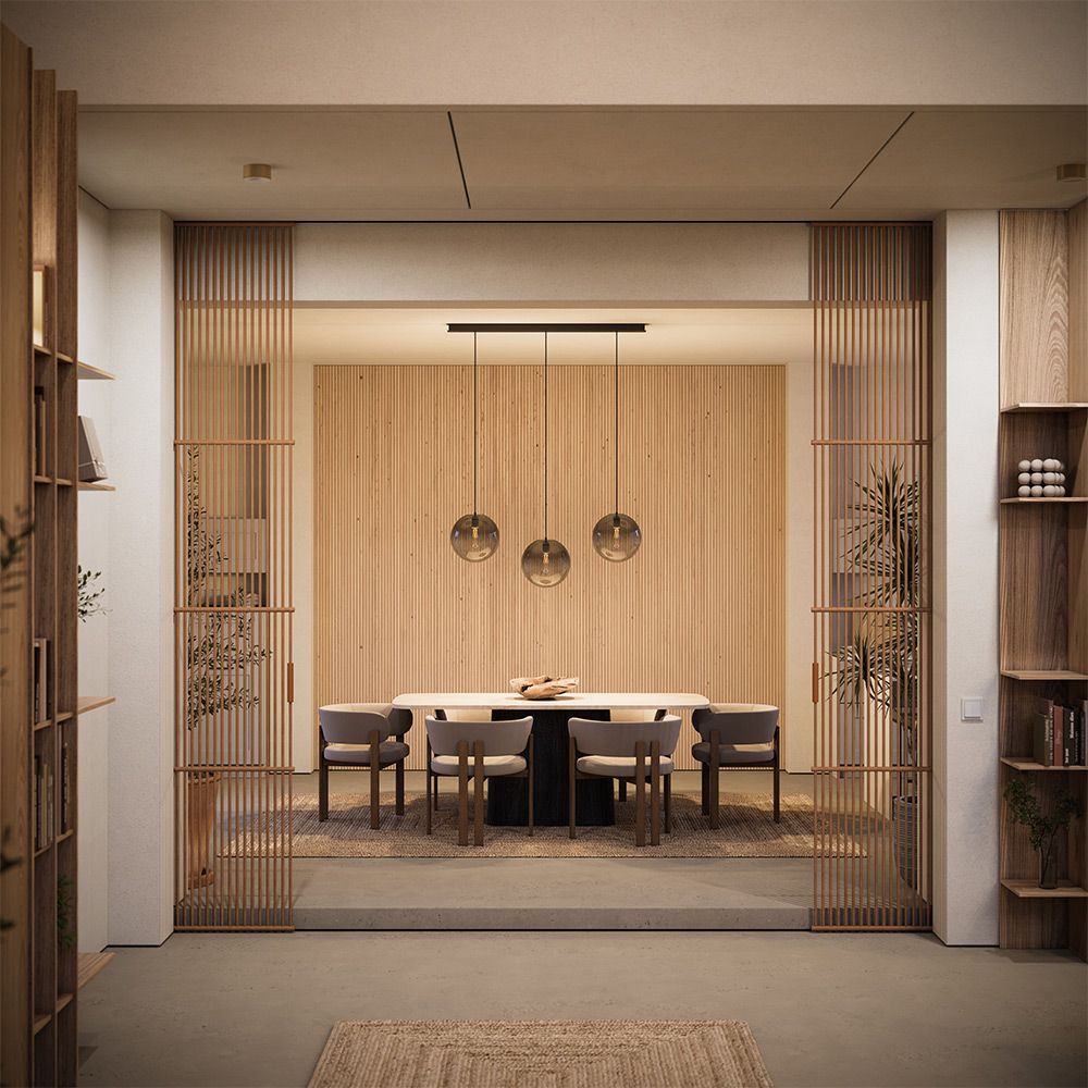 Moderne Esszimmeransicht mit s.luce Balken Baldachin über dem Tisch, scandi-inspiriert und elegant.