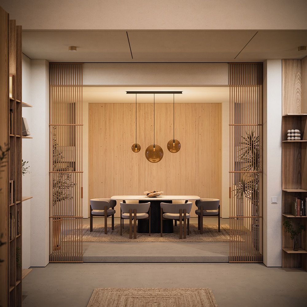 Moderne Esszimmeransicht mit Holzdetails, eleganten Stühlen und s.luce Balken Baldachin.