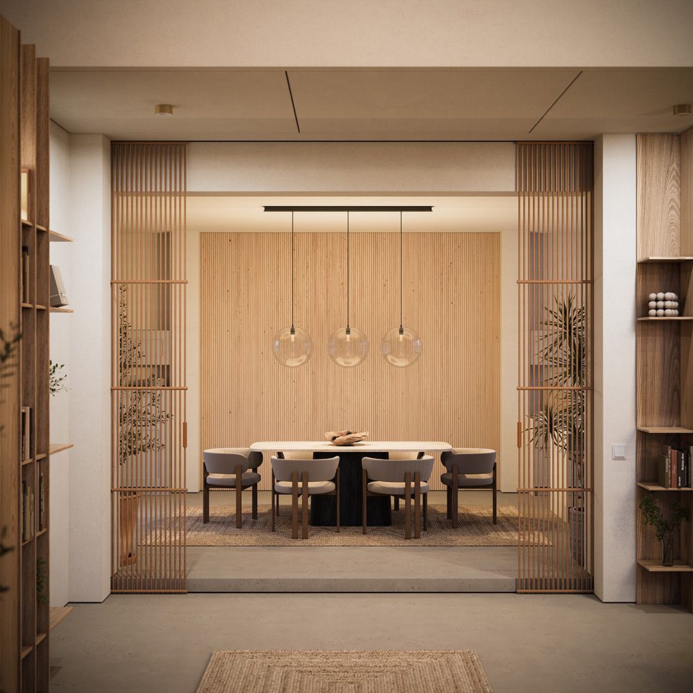 Moderne Esszimmeransicht mit s.luce Balken Baldachin, Holzregalen und stilvollen Pendelleuchten.