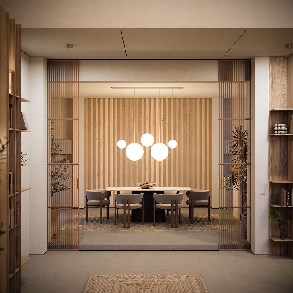 Moderne Esszimmeransicht mit hängenden Lampen, Holzregalen und eleganter Tischgruppe.
