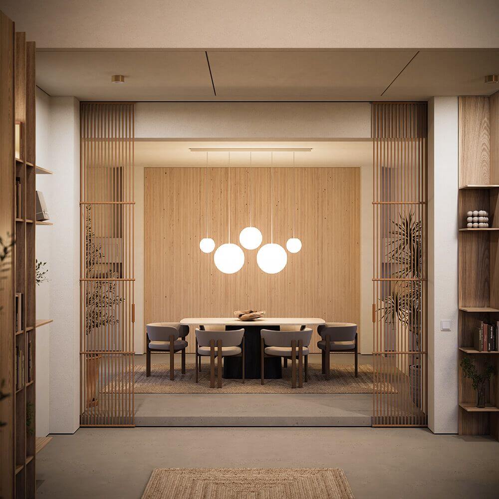 s.luce Balken Baldachin Rechteckig (ohne Bohrung) über modernem Esstisch in warmem Holzinterieur, mehrere Pendelleuchten als Designakzent