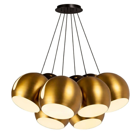 s.luce Ball Cluster Mehrfach-Pendelleuchte 7-flammig 7x30cm mit goldenen Metallkugeln in moderner Anordnung.