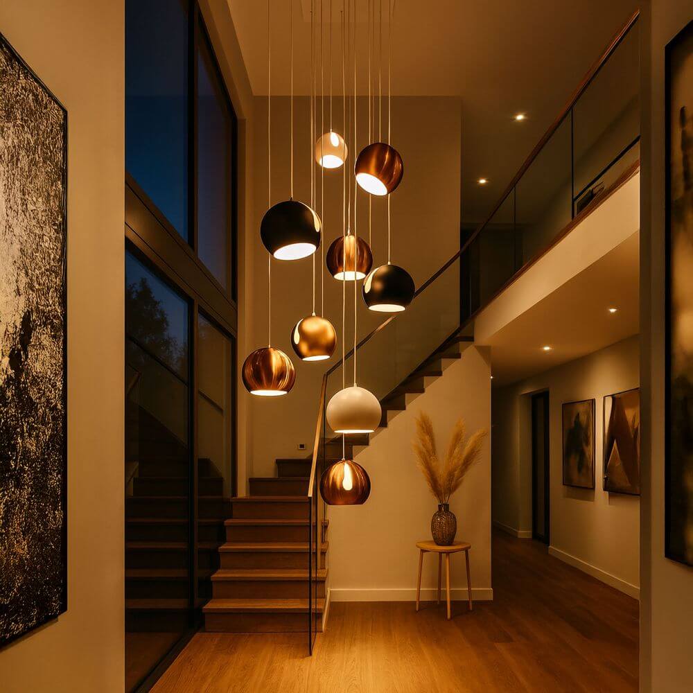 s.luce Ball Galerieleuchte mit drehbarem tauschbaren Schirm 5m Abhängung in modernem Raumdesign.