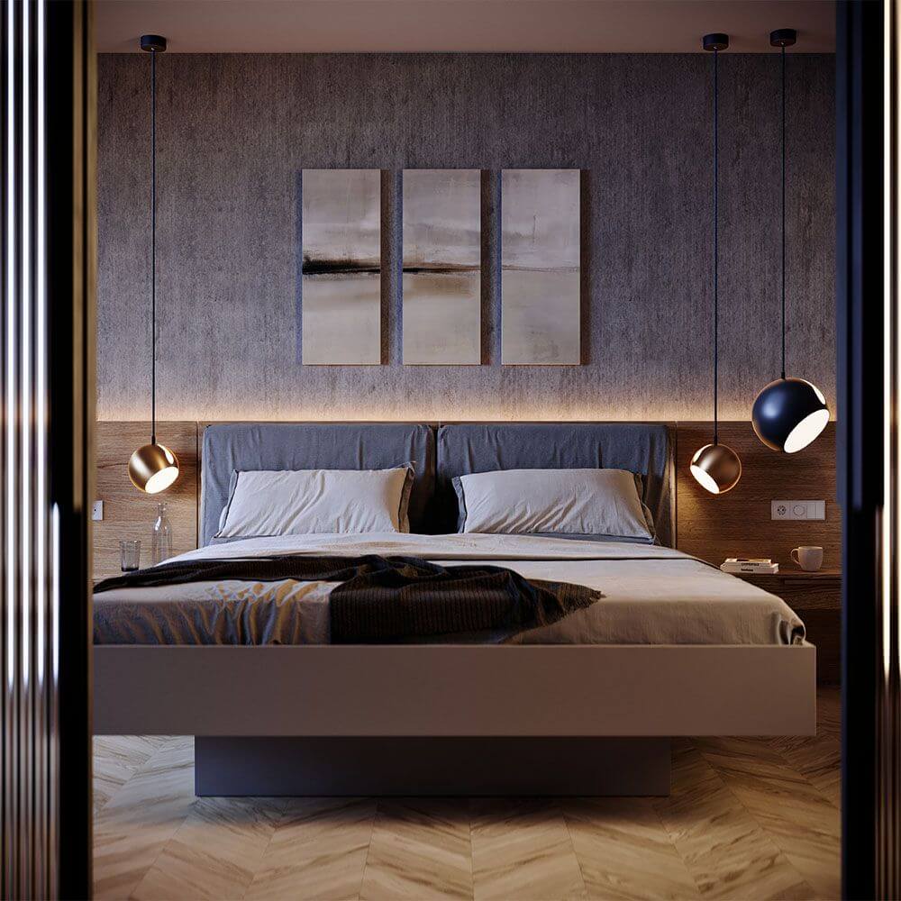 s.luce Ball Galerieleuchte mit drehbarem tauschbaren Schirm 5m Abhängung über modernem Bett und Kunstwerken