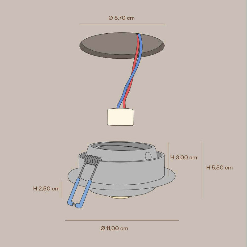 s.luce Beam Einbauspot mit Glaslinse Ø 11cm Detailansicht mit Abmessungen und Anschlusskabel