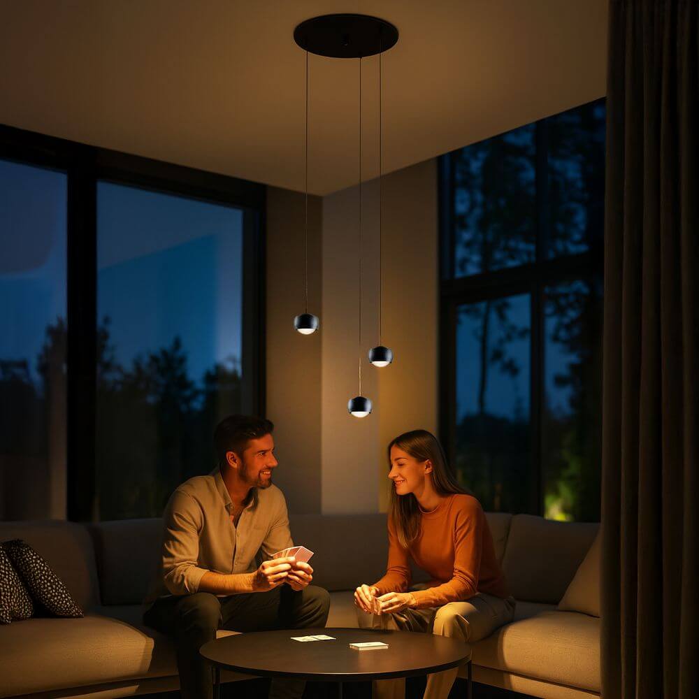 s.luce Beam LED Pendelleuchte 3- oder 5-flammig Modular Baldachin in eleganter Wohnumgebung mit Paar beim Kartenspielen.