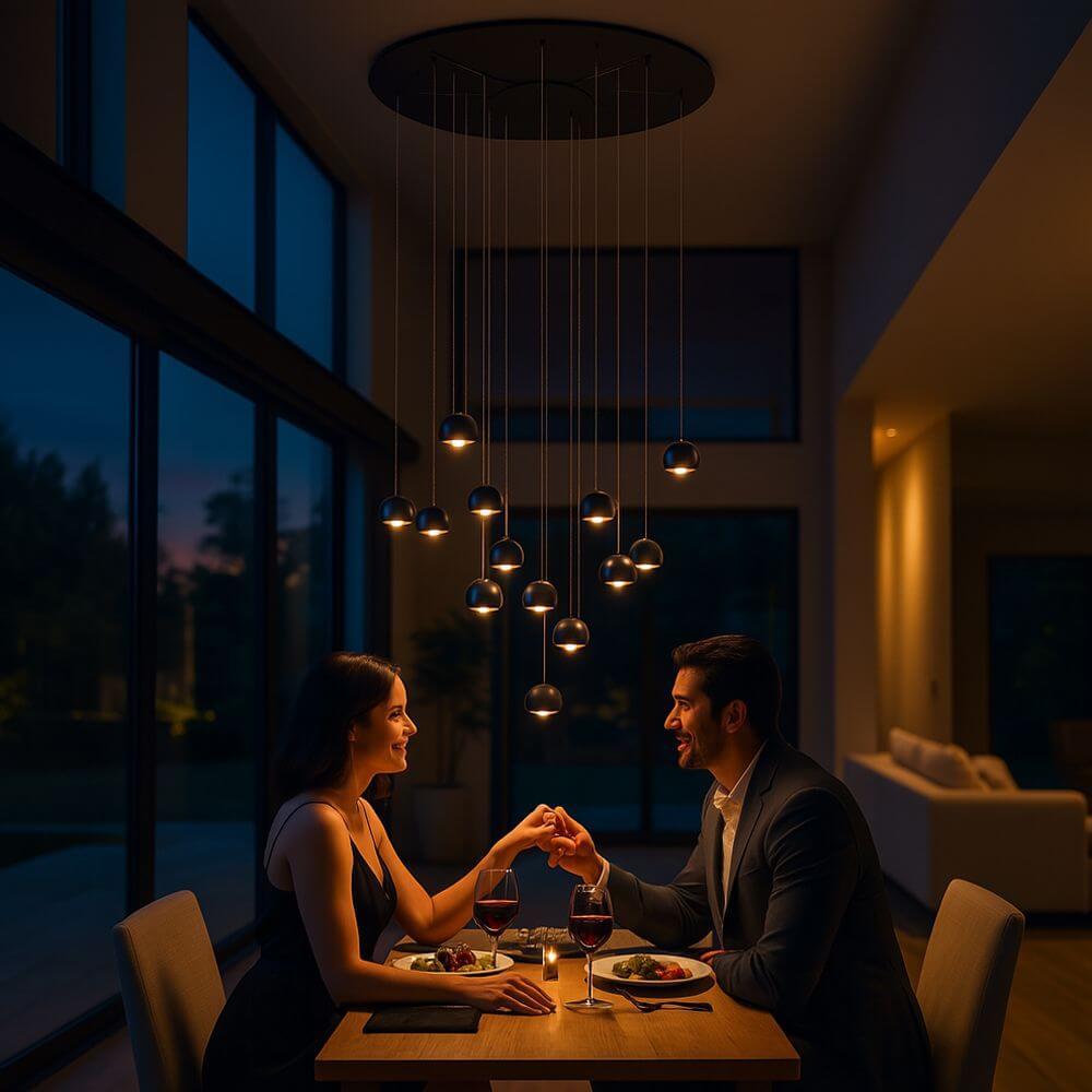 s.luce Beam XL LED Galerieleuchte Pendelleuchte 16- oder 24-flammig über einem romantischen Dinner