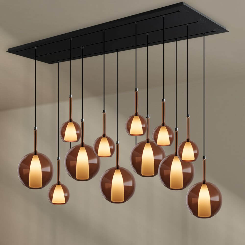 s.luce Belluna Esstischlampe 12-flammig 200cm 3-reihig moderne Pendelleuchten mit eleganten Glaskörpern.
