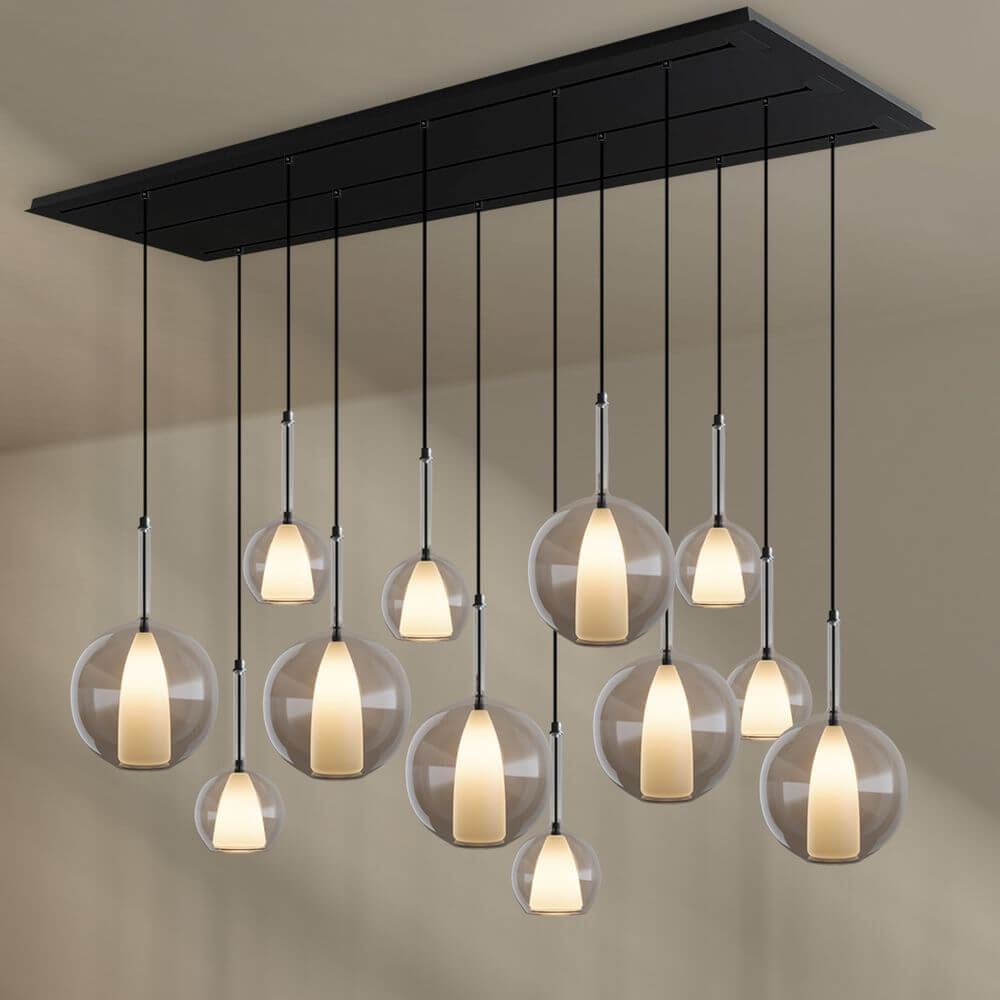 s.luce Belluna Esstischlampe 12-flammig 200cm 3-reihig mit elegant arrangierten Glaskörpern