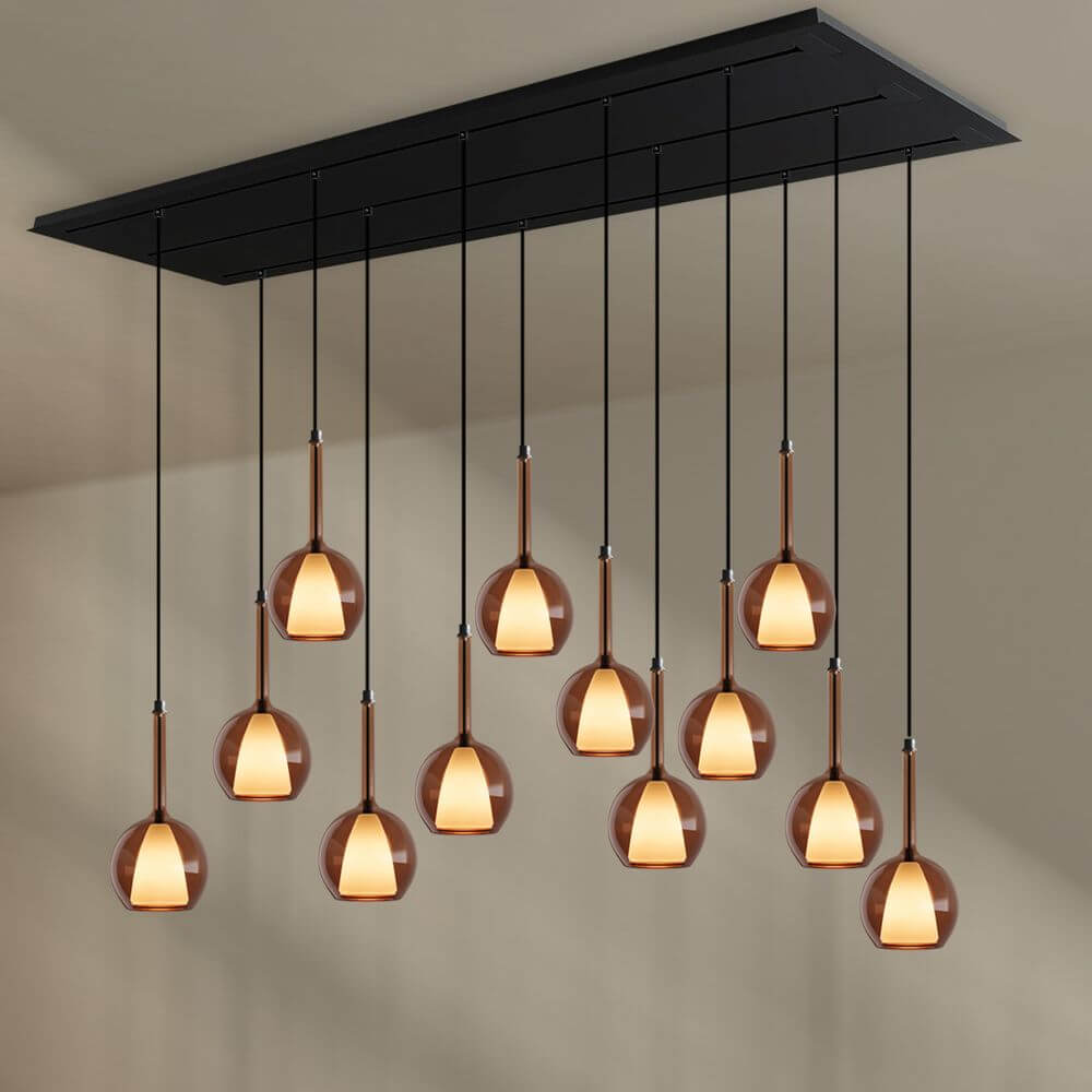 s.luce Belluna Esstischlampe 12-flammig 200cm 3-reihig mit eleganten Glaskörpern in warmem Licht