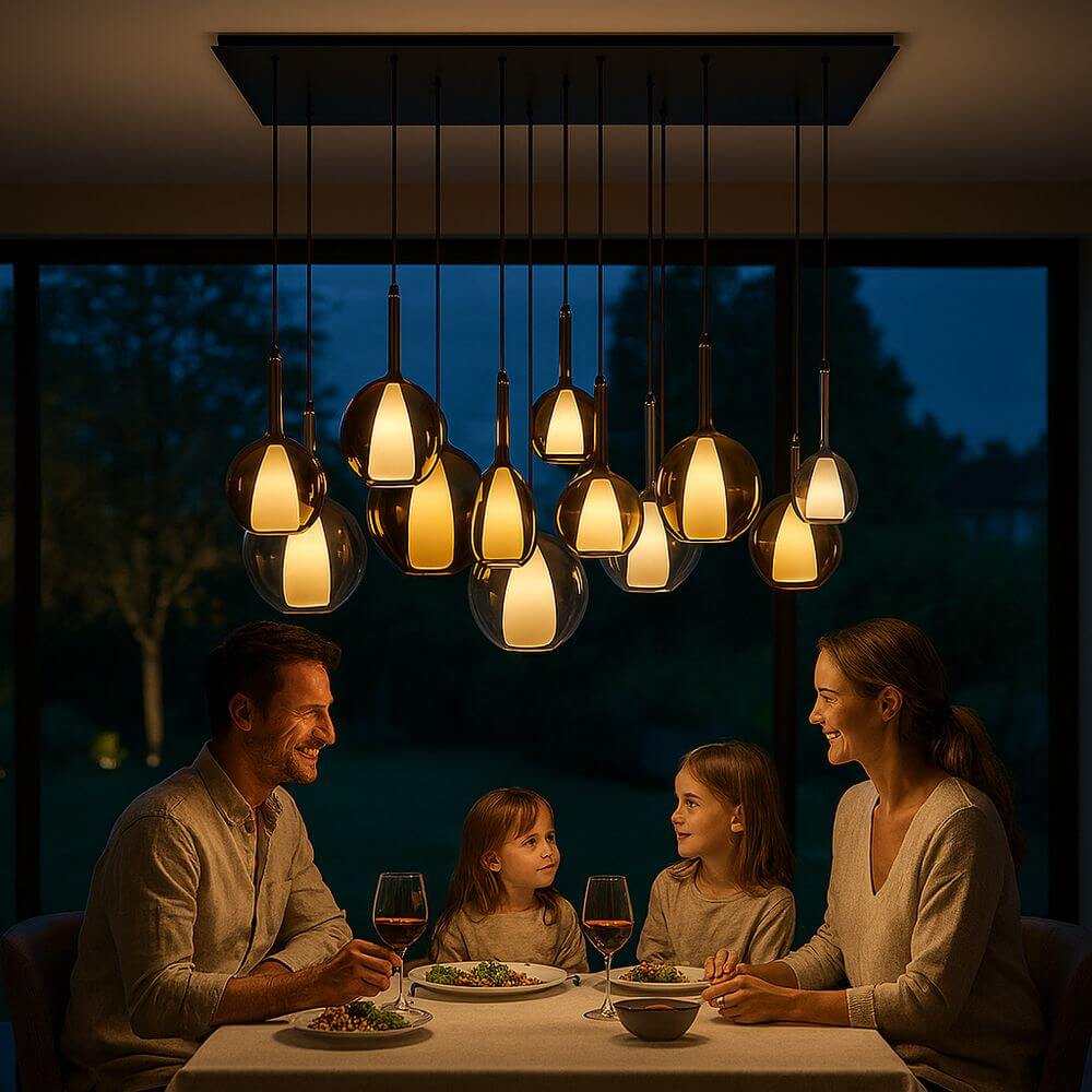 s.luce Belluna Esstischlampe 12-flammig 200cm 3-reihig über einem Esstisch mit Familie, stilvolles Lichtdesign.