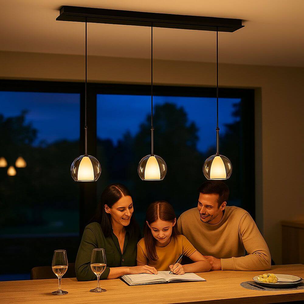 s.luce Belluna Esstisch-Pendelleuchte 3-flammig 120cm über einem Esstisch mit Familie bei Abendessen