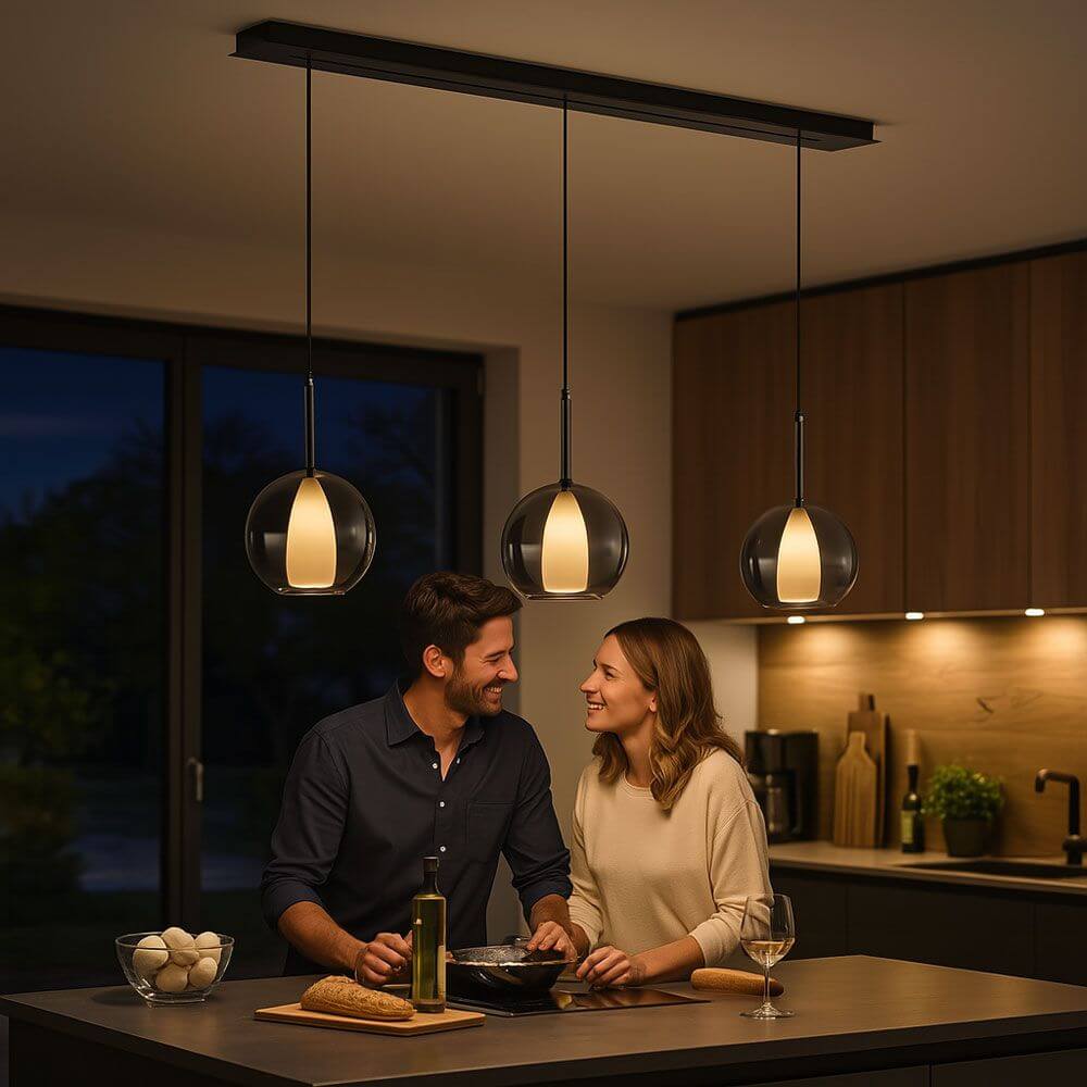 s.luce Belluna Esstischleuchte 3-flammig 160cm Baldachin über einem Esstisch im modernen Küchenambiente