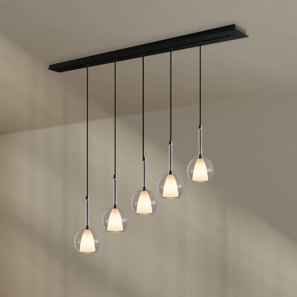 s.luce Belluna Esstisch-Hängelampe 5-flammig 160cm Baldachin mit elegantem Design und harmonischem Lichtbild.