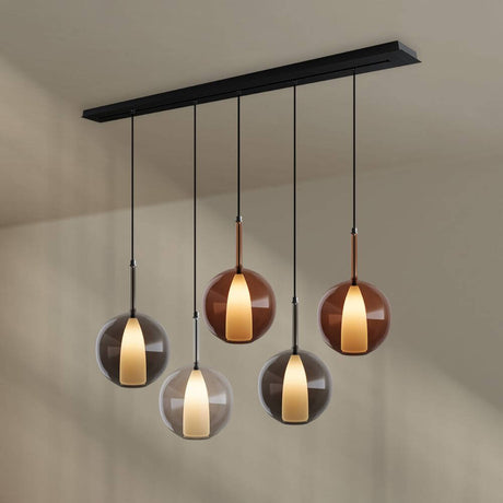 s.luce Belluna Esstisch-Hängelampe 5-flammig 160cm Baldachin mit eleganten Glaskörpern für stilvolle Räume.