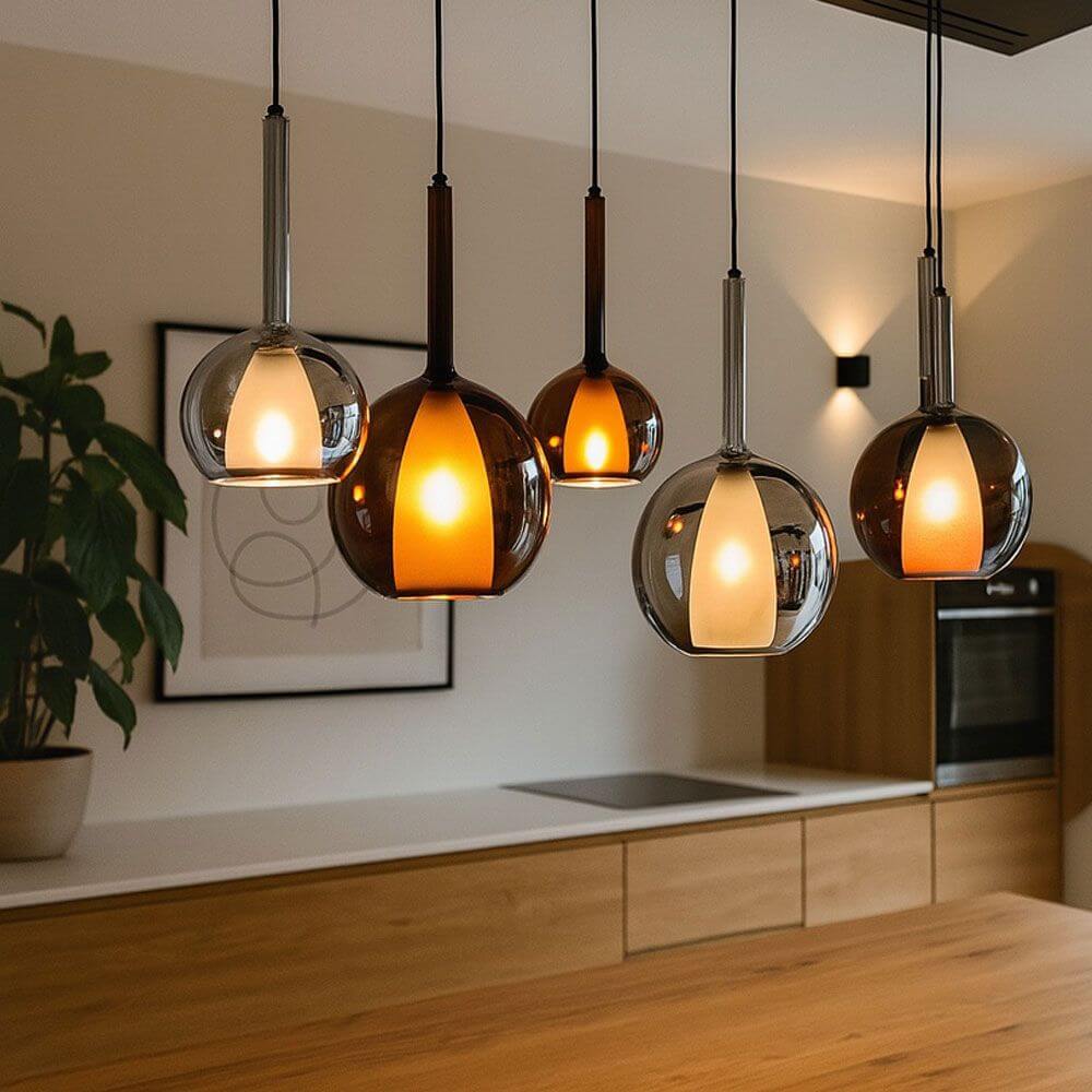 s.luce Belluna Esstischleuchte 5-flammig 160cm 2-reihig mit eleganten Pendeln in modernem Wohnraum