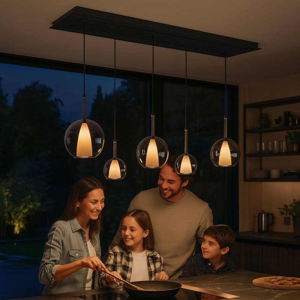 s.luce Belluna Esstischleuchte 5-flammig 160cm 2-reihig in moderner Küchenumgebung