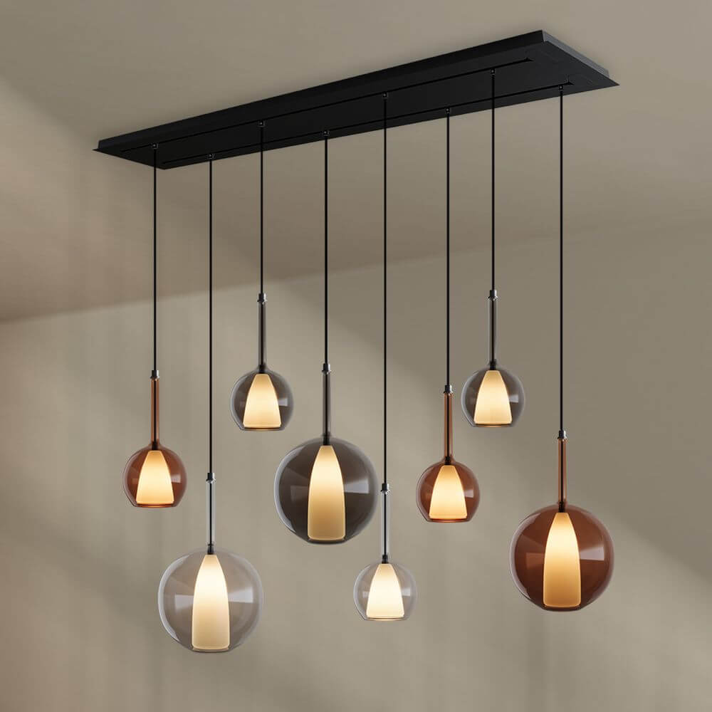 s.luce Belluna Esstisch-Pendelleuchte 8-flammig 160cm 2-reihig mit eleganten Glaspendeln.