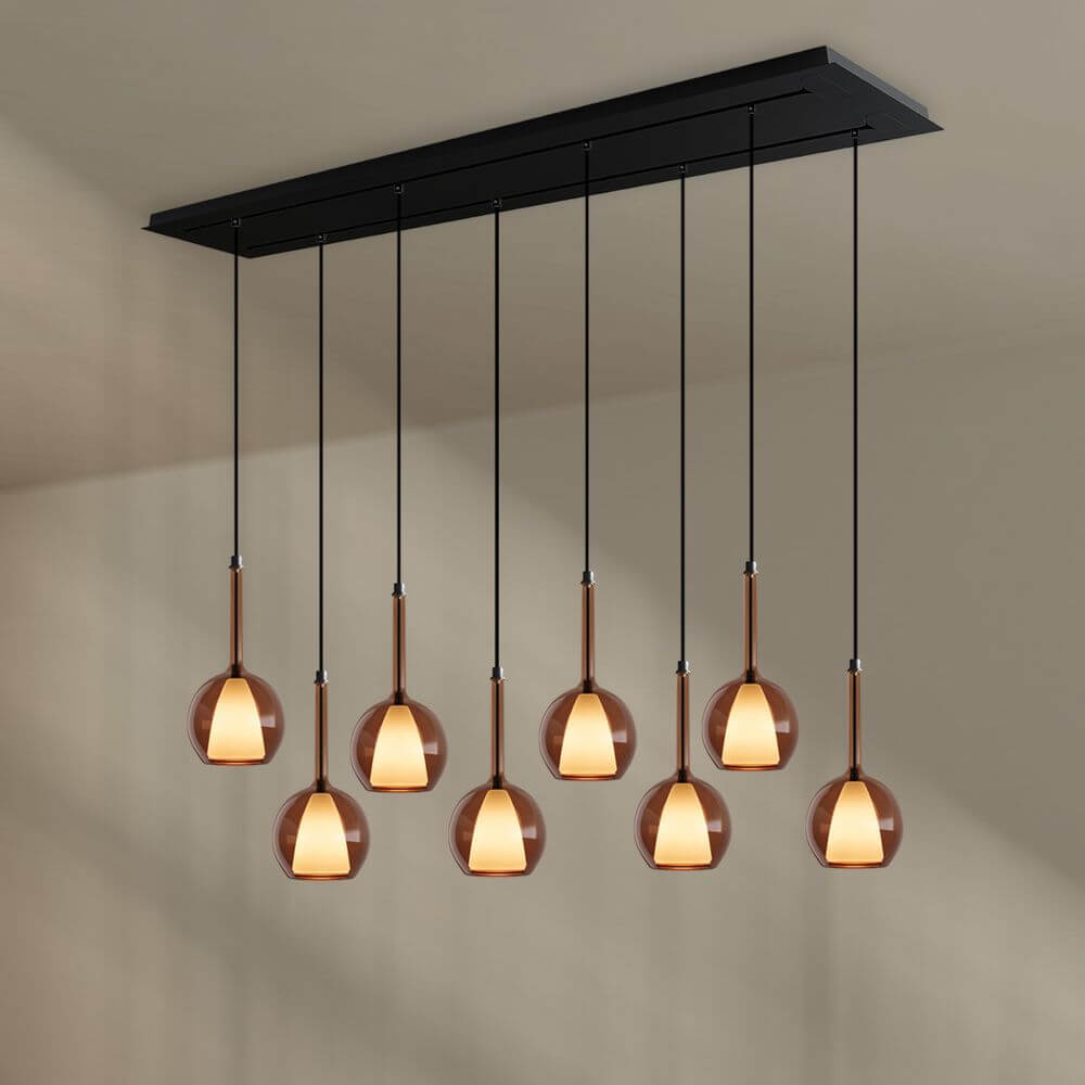 s.luce Belluna Esstisch-Pendelleuchte 8-flammig 160cm 2-reihig mit eleganten Pendeln aus Glas