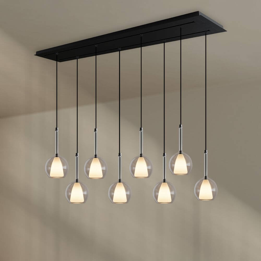 s.luce Belluna Esstisch-Pendelleuchte 8-flammig 160cm 2-reihig mit eleganten Pendeln aus Glas.